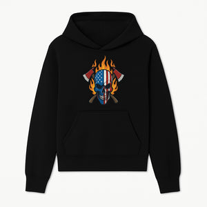 American Skull with Axes and Flames Graphic Tee, Patriotic Skull Design for Men, Edgy Firefighter T-Shirt, Unique Apparel Gift - Hoodie 1757912428577.jpg