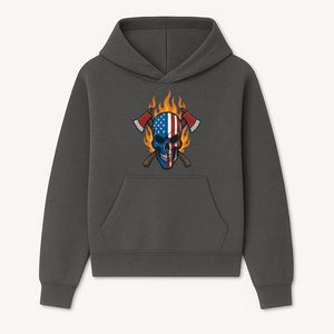 American Skull with Axes and Flames Graphic Tee, Patriotic Skull Design for Men, Edgy Firefighter T-Shirt, Unique Apparel Gift - Hoodie 1757912428714.jpg