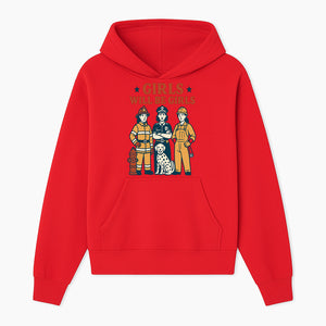 Empowering Girls Art Print - Girls Will Be Girls with Firefighter, Police Officer, Construction Worker & Dog Illustration - Hoodie 1757912428816.jpg