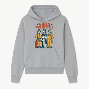 Empowering Girls Art Print - Girls Will Be Girls with Firefighter, Police Officer, Construction Worker & Dog Illustration - Hoodie 1757912428992.jpg