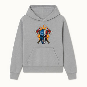 American Skull with Axes and Flames Graphic Tee, Patriotic Skull Design for Men, Edgy Firefighter T-Shirt, Unique Apparel Gift - Hoodie 1757912429031.jpg