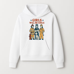 Empowering Girls Art Print - Girls Will Be Girls with Firefighter, Police Officer, Construction Worker & Dog Illustration - Hoodie 1757912429141.jpg