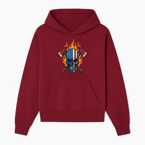 American Skull with Axes and Flames Graphic Tee, Patriotic Skull Design for Men, Edgy Firefighter T-Shirt, Unique Apparel Gift - Hoodie 1757912429605.jpg