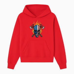 American Skull with Axes and Flames Graphic Tee, Patriotic Skull Design for Men, Edgy Firefighter T-Shirt, Unique Apparel Gift - Hoodie 1757912429940.jpg