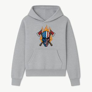 American Skull with Axes and Flames Graphic Tee, Patriotic Skull Design for Men, Edgy Firefighter T-Shirt, Unique Apparel Gift - Hoodie 1757912430114.jpg