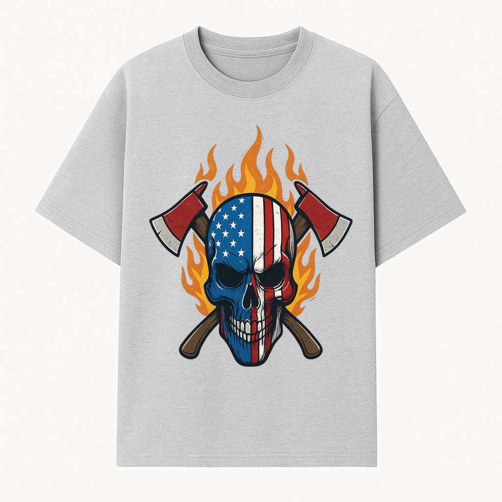 American Skull with Axes and Flames Graphic Tee, Patriotic Skull Design for Men, Edgy Firefighter T-Shirt, Unique Apparel Gift - T-shirt 1757912431774.jpg