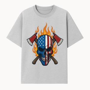 American Skull with Axes and Flames Graphic Tee, Patriotic Skull Design for Men, Edgy Firefighter T-Shirt, Unique Apparel Gift - T-shirt 1757912431774.jpg