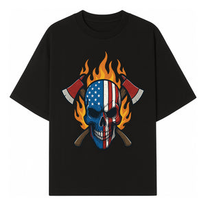 American Skull with Axes and Flames Graphic Tee, Patriotic Skull Design for Men, Edgy Firefighter T-Shirt, Unique Apparel Gift - T-shirt 1757912431910.jpg