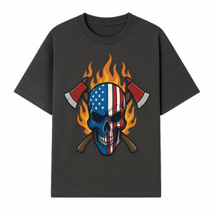 American Skull with Axes and Flames Graphic Tee, Patriotic Skull Design for Men, Edgy Firefighter T-Shirt, Unique Apparel Gift - T-shirt 1757912432040.jpg