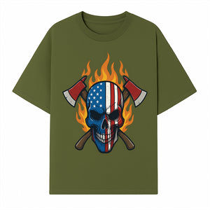 American Skull with Axes and Flames Graphic Tee, Patriotic Skull Design for Men, Edgy Firefighter T-Shirt, Unique Apparel Gift - T-shirt 1757912432195.jpg