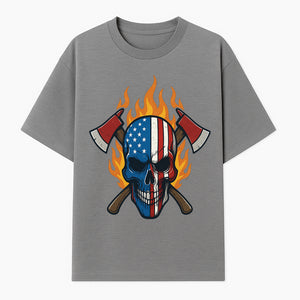 American Skull with Axes and Flames Graphic Tee, Patriotic Skull Design for Men, Edgy Firefighter T-Shirt, Unique Apparel Gift - T-shirt 1757912432343.jpg