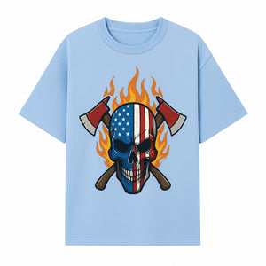 American Skull with Axes and Flames Graphic Tee, Patriotic Skull Design for Men, Edgy Firefighter T-Shirt, Unique Apparel Gift - T-shirt 1757912432507.jpg