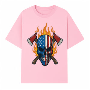 American Skull with Axes and Flames Graphic Tee, Patriotic Skull Design for Men, Edgy Firefighter T-Shirt, Unique Apparel Gift - T-shirt 1757912432658.jpg