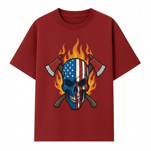 American Skull with Axes and Flames Graphic Tee, Patriotic Skull Design for Men, Edgy Firefighter T-Shirt, Unique Apparel Gift - T-shirt 1757912432846.jpg