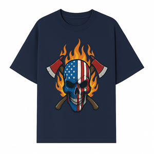 American Skull with Axes and Flames Graphic Tee, Patriotic Skull Design for Men, Edgy Firefighter T-Shirt, Unique Apparel Gift - T-shirt 1757912433024.jpg