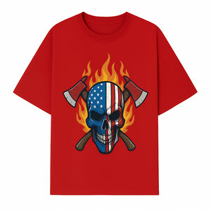 American Skull with Axes and Flames Graphic Tee, Patriotic Skull Design for Men, Edgy Firefighter T-Shirt, Unique Apparel Gift - T-shirt 1757912433193.jpg