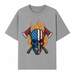 American Skull with Axes and Flames Graphic Tee, Patriotic Skull Design for Men, Edgy Firefighter T-Shirt, Unique Apparel Gift - T-shirt 1757912433375.jpg