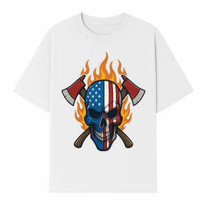 American Skull with Axes and Flames Graphic Tee, Patriotic Skull Design for Men, Edgy Firefighter T-Shirt, Unique Apparel Gift - T-shirt 1757912433514.jpg