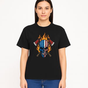 American Skull with Axes and Flames Graphic Tee, Patriotic Skull Design for Men, Edgy Firefighter T-Shirt, Unique Apparel Gift - T-shirt 1757912434882.jpg