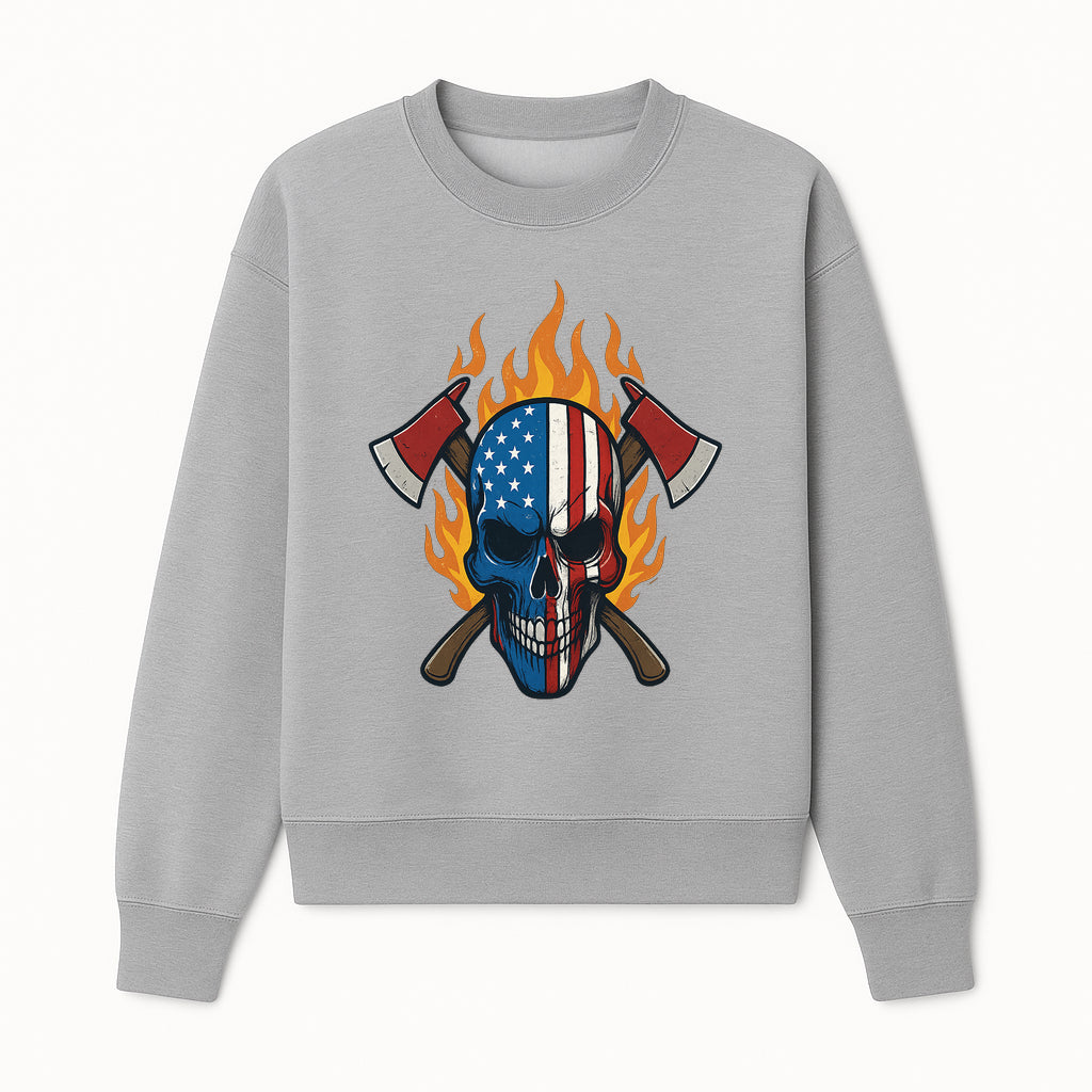 American Skull with Axes and Flames Graphic Tee, Patriotic Skull Design for Men, Edgy Firefighter T-Shirt, Unique Apparel Gift - Sweatshirt 1757912435034.jpg