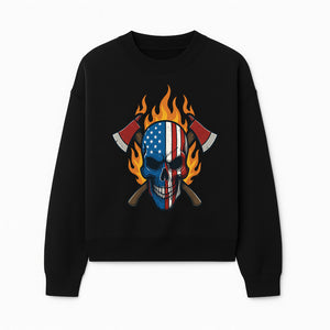 American Skull with Axes and Flames Graphic Tee, Patriotic Skull Design for Men, Edgy Firefighter T-Shirt, Unique Apparel Gift - Sweatshirt 1757912435204.jpg