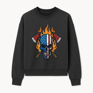 American Skull with Axes and Flames Graphic Tee, Patriotic Skull Design for Men, Edgy Firefighter T-Shirt, Unique Apparel Gift - Sweatshirt 1757912435352.jpg