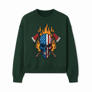 American Skull with Axes and Flames Graphic Tee, Patriotic Skull Design for Men, Edgy Firefighter T-Shirt, Unique Apparel Gift - Sweatshirt 1757912435560.jpg