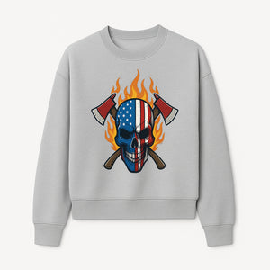 American Skull with Axes and Flames Graphic Tee, Patriotic Skull Design for Men, Edgy Firefighter T-Shirt, Unique Apparel Gift - Sweatshirt 1757912435697.jpg