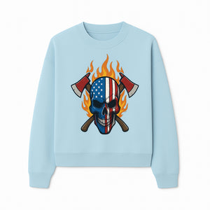 American Skull with Axes and Flames Graphic Tee, Patriotic Skull Design for Men, Edgy Firefighter T-Shirt, Unique Apparel Gift - Sweatshirt 1757912435885.jpg