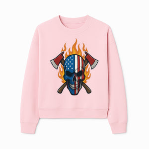 American Skull with Axes and Flames Graphic Tee, Patriotic Skull Design for Men, Edgy Firefighter T-Shirt, Unique Apparel Gift - Sweatshirt 1757912436046.jpg