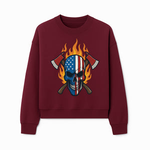 American Skull with Axes and Flames Graphic Tee, Patriotic Skull Design for Men, Edgy Firefighter T-Shirt, Unique Apparel Gift - Sweatshirt 1757912436203.jpg