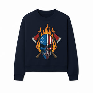 American Skull with Axes and Flames Graphic Tee, Patriotic Skull Design for Men, Edgy Firefighter T-Shirt, Unique Apparel Gift - Sweatshirt 1757912436361.jpg