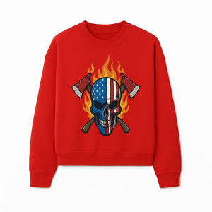 American Skull with Axes and Flames Graphic Tee, Patriotic Skull Design for Men, Edgy Firefighter T-Shirt, Unique Apparel Gift - Sweatshirt 1757912436530.jpg