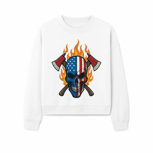 American Skull with Axes and Flames Graphic Tee, Patriotic Skull Design for Men, Edgy Firefighter T-Shirt, Unique Apparel Gift - Sweatshirt 1757912436827.jpg