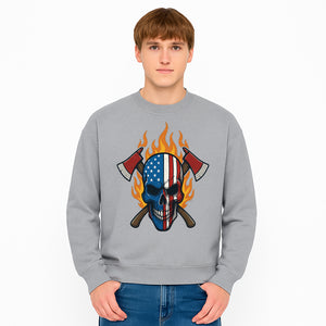 American Skull with Axes and Flames Graphic Tee, Patriotic Skull Design for Men, Edgy Firefighter T-Shirt, Unique Apparel Gift - Sweatshirt 1757912437968.jpg