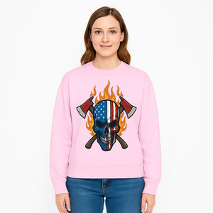 American Skull with Axes and Flames Graphic Tee, Patriotic Skull Design for Men, Edgy Firefighter T-Shirt, Unique Apparel Gift - Sweatshirt 1757912438100.jpg