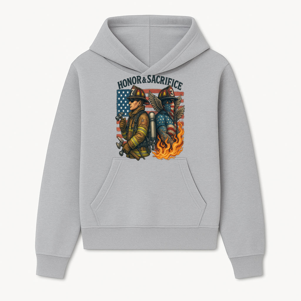 Honor & Sacrifice Firefighter Art Print - American Flag, Heroic Firemen, Bold Graphics, Firefighter Tribute Artwork - Hoodie 1757912438412.jpg