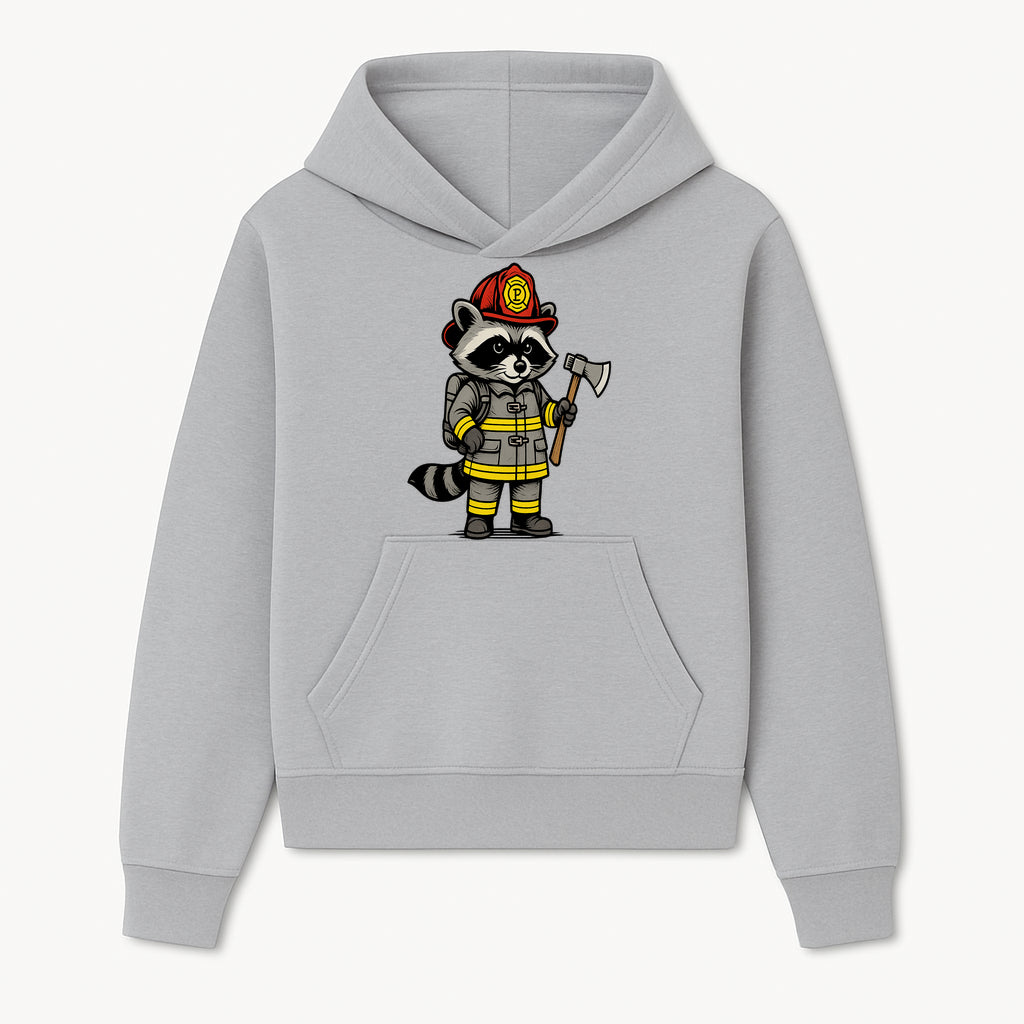 Cute Raccoon Firefighter Cartoon T-Shirt, Kids' Fireman Graphic Tee, Fire Safety Apparel, Animal Rescue, Gift for Boys and Girls - Hoodie 1757912438539.jpg