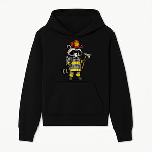 Cute Raccoon Firefighter Cartoon T-Shirt, Kids' Fireman Graphic Tee, Fire Safety Apparel, Animal Rescue, Gift for Boys and Girls - Hoodie 1757912438705.jpg