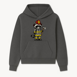 Cute Raccoon Firefighter Cartoon T-Shirt, Kids' Fireman Graphic Tee, Fire Safety Apparel, Animal Rescue, Gift for Boys and Girls - Hoodie 1757912438865.jpg