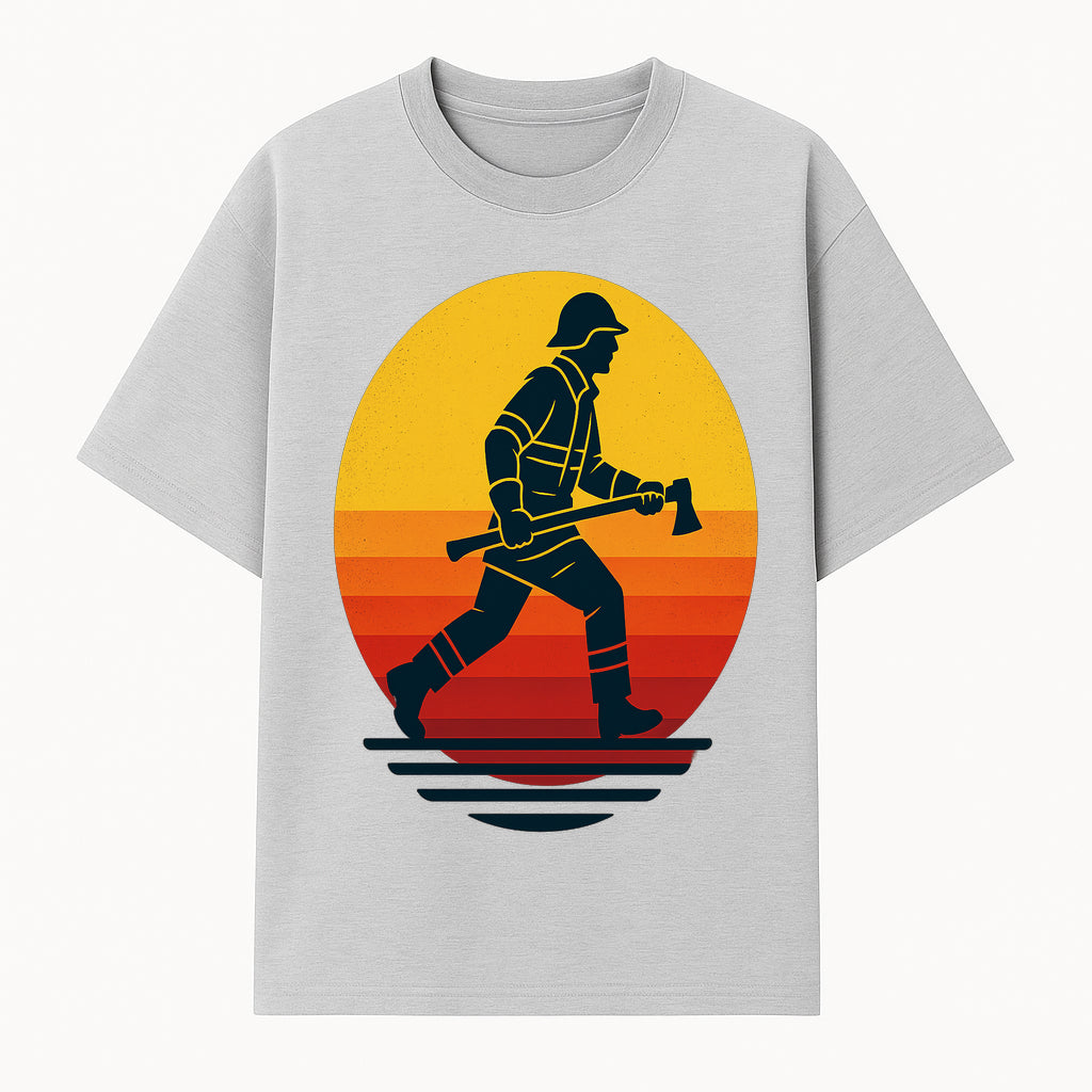 Vintage Firefighter Sunset Graphic Tee - Bold Retro Style Fireman with Axe - Perfect Gift for Firefighting Enthusiasts - T-shirt 1757912439825.jpg
