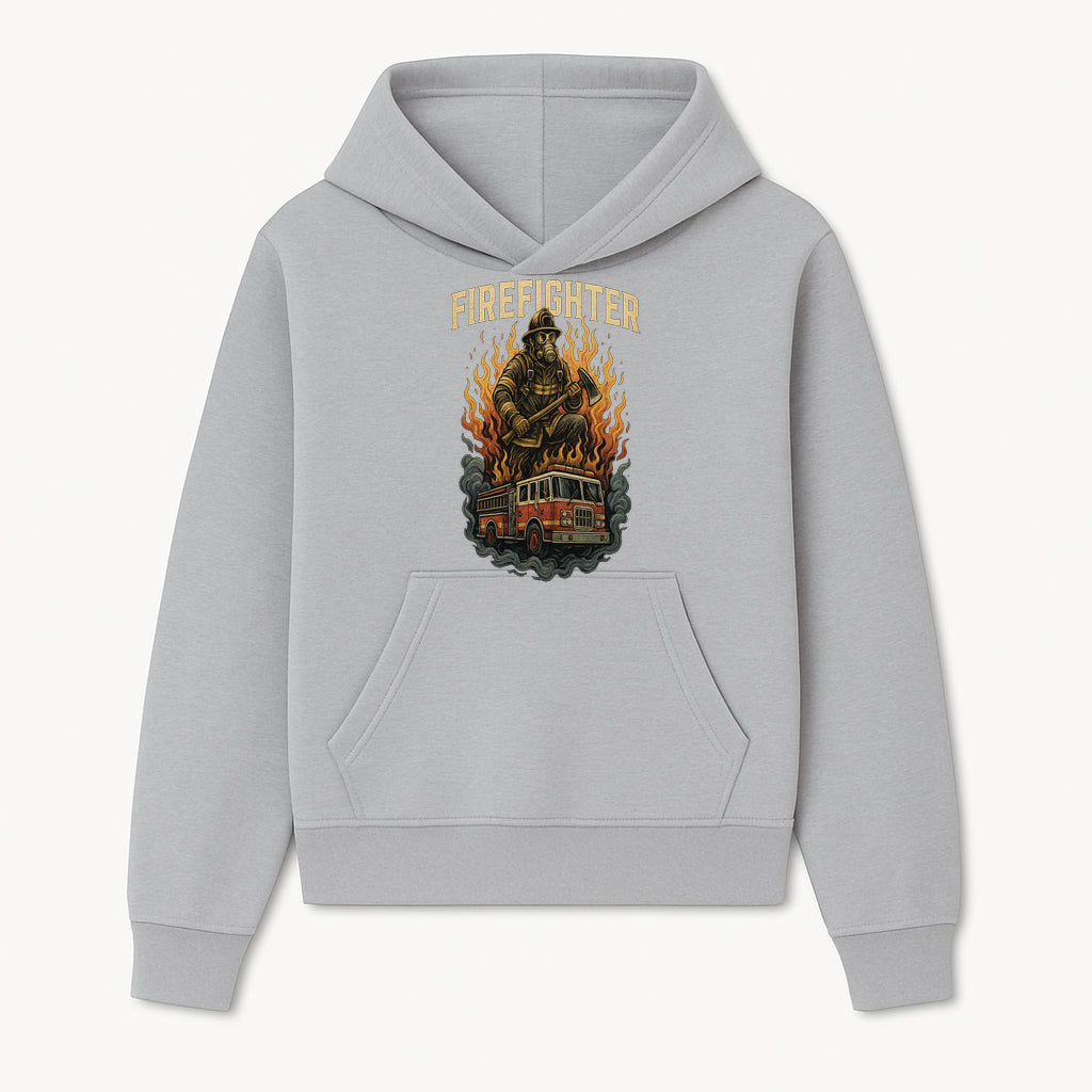 Firefighter Graphic Tee: Heroic Fireman with Axe and Fire Truck Design, Perfect for Firefighter Fans and Supporters - Hoodie 1757912439874.jpg