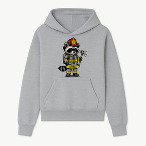 Cute Raccoon Firefighter Cartoon T-Shirt, Kids' Fireman Graphic Tee, Fire Safety Apparel, Animal Rescue, Gift for Boys and Girls - Hoodie 1757912440134.jpg