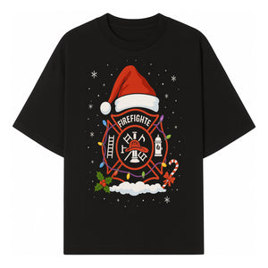 Firefighter Christmas Ornament with Santa Hat, Holiday Lights, & Candy Cane - Festive Decor for Firefighter Appreciation - T-shirt 1757912440983.jpg