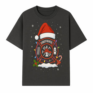 Firefighter Christmas Ornament with Santa Hat, Holiday Lights, & Candy Cane - Festive Decor for Firefighter Appreciation - T-shirt 1757912441136.jpg