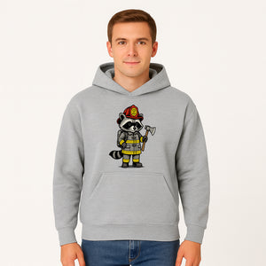 Cute Raccoon Firefighter Cartoon T-Shirt, Kids' Fireman Graphic Tee, Fire Safety Apparel, Animal Rescue, Gift for Boys and Girls - Hoodie 1757912441450.jpg