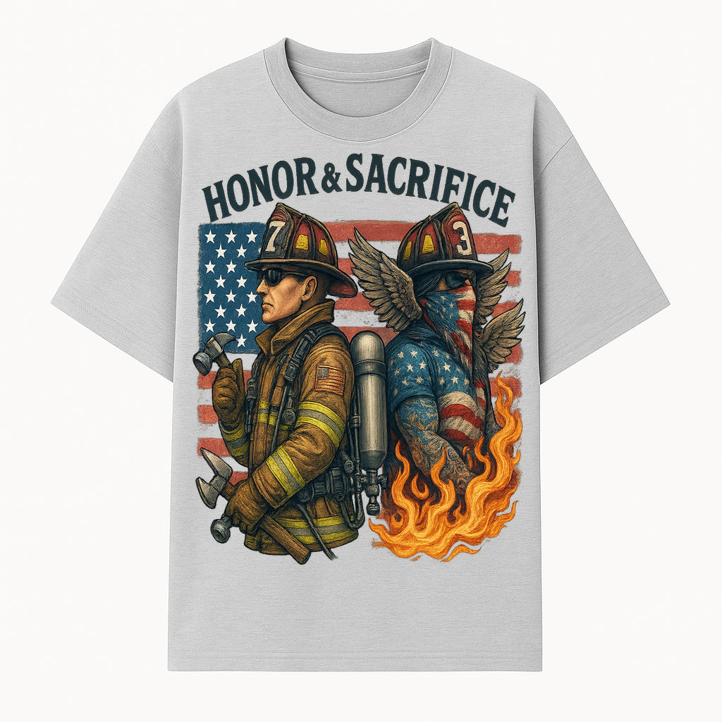 Honor & Sacrifice Firefighter Art Print - American Flag, Heroic Firemen, Bold Graphics, Firefighter Tribute Artwork - T-shirt 1757912441629.jpg