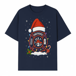 Firefighter Christmas Ornament with Santa Hat, Holiday Lights, & Candy Cane - Festive Decor for Firefighter Appreciation - T-shirt 1757912442309.jpg
