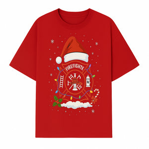 Firefighter Christmas Ornament with Santa Hat, Holiday Lights, & Candy Cane - Festive Decor for Firefighter Appreciation - T-shirt 1757912442527.jpg