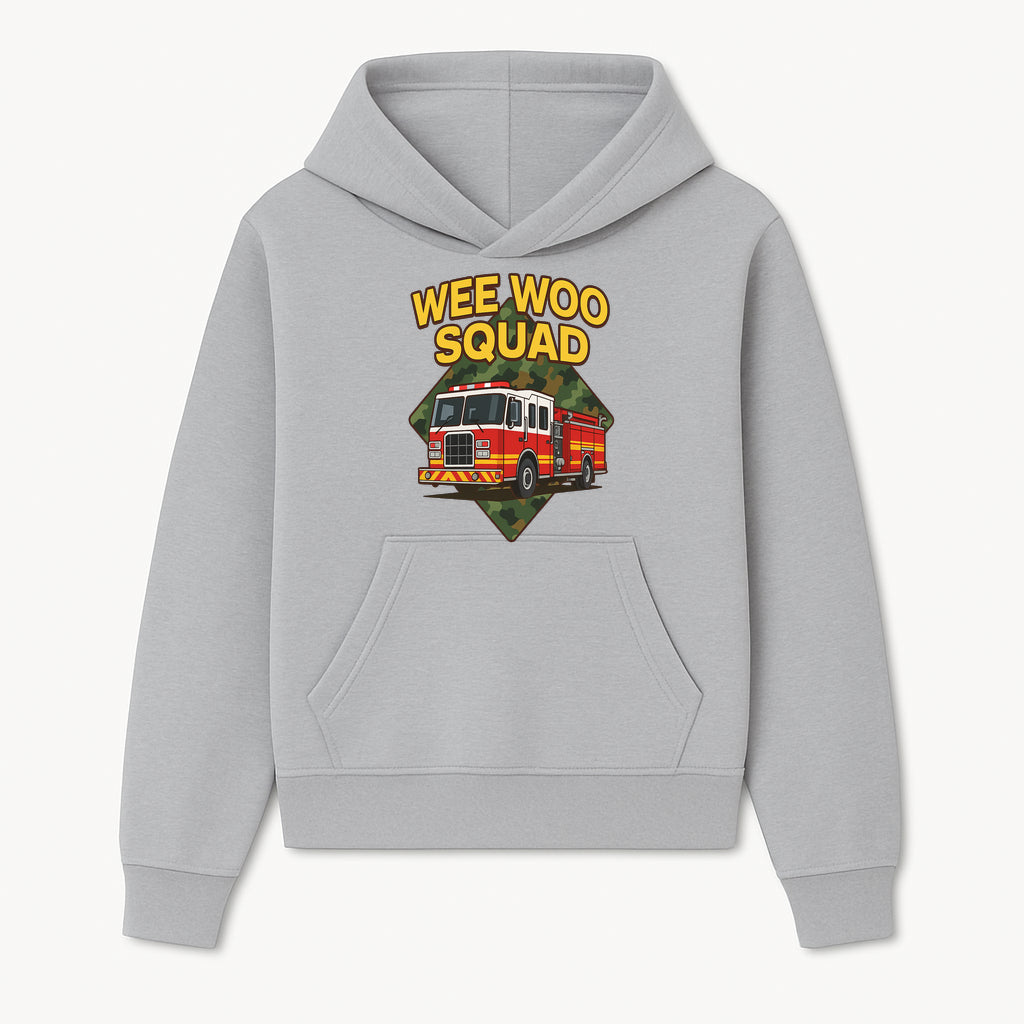 Wee Woo Squad Fire Truck Graphic Tee - Fun Firefighter Kids Shirt, Camouflage Background, Unique Design for Little Heroes - Hoodie 1757912442670.jpg